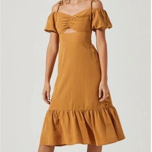 ASTR Mustard Off-Shoulder Midi Dress with Ruffle Hem